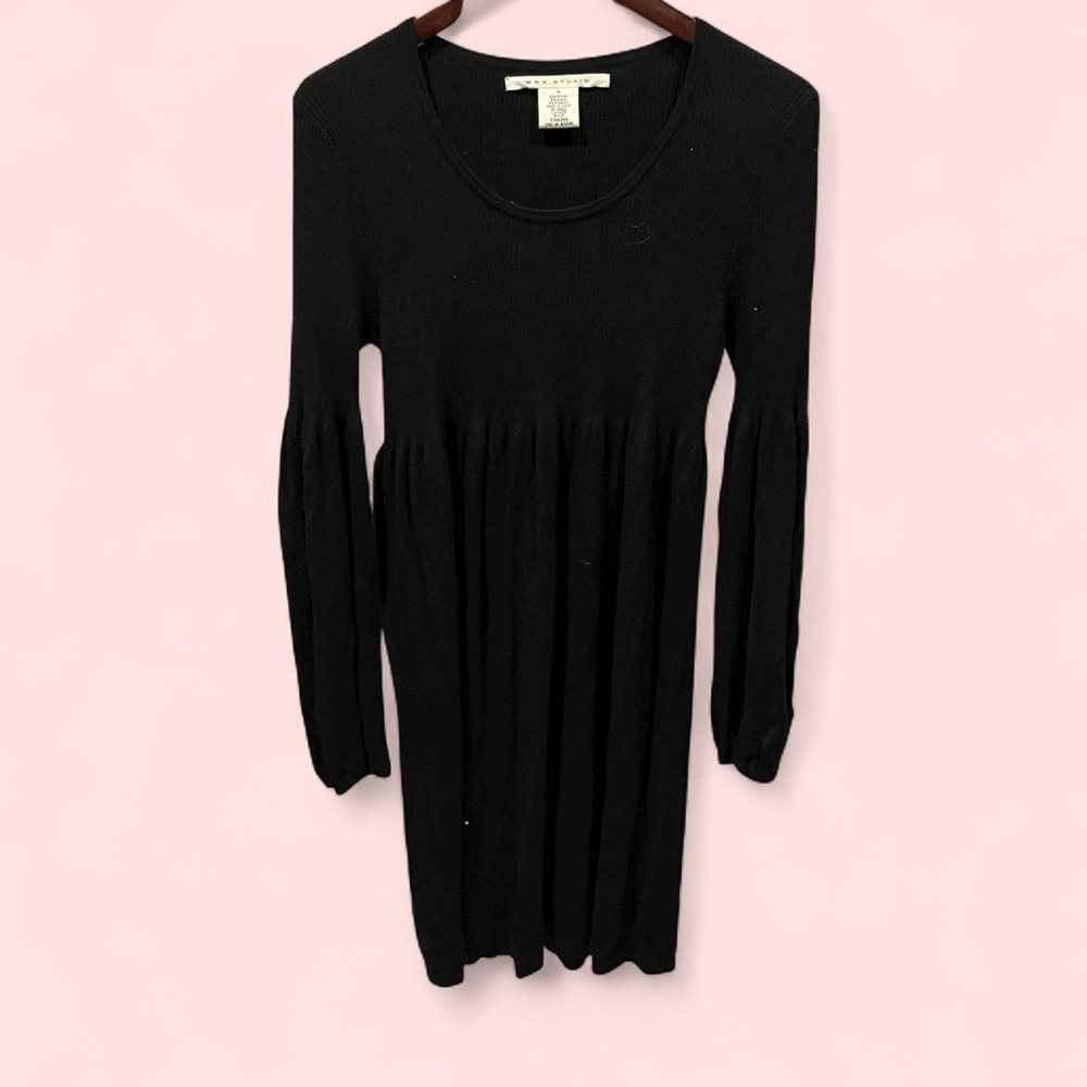 Cute black sweater knit Max Studio babydoll long sleeve dress office siren Y2K
